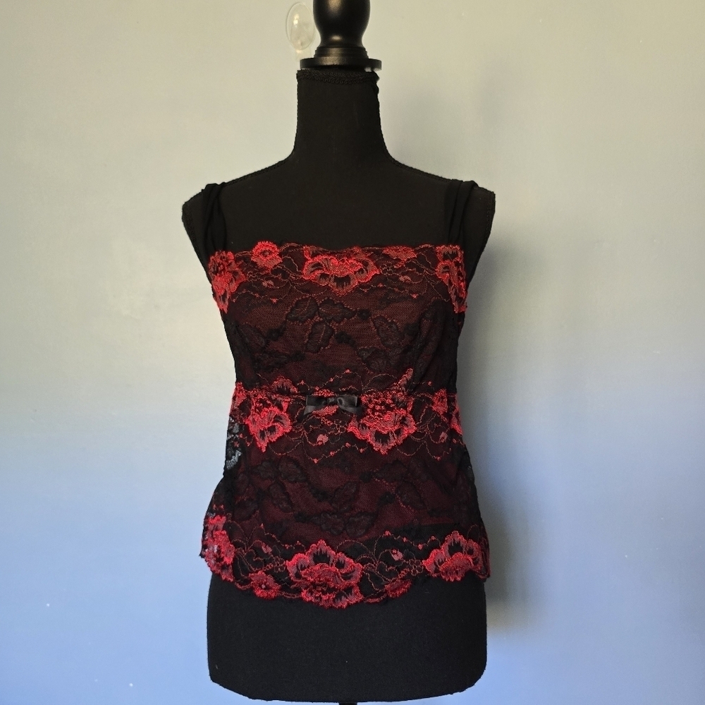 Vintage Arianne Y2K Red & Black Lace Cami Top Coquette Grunge M